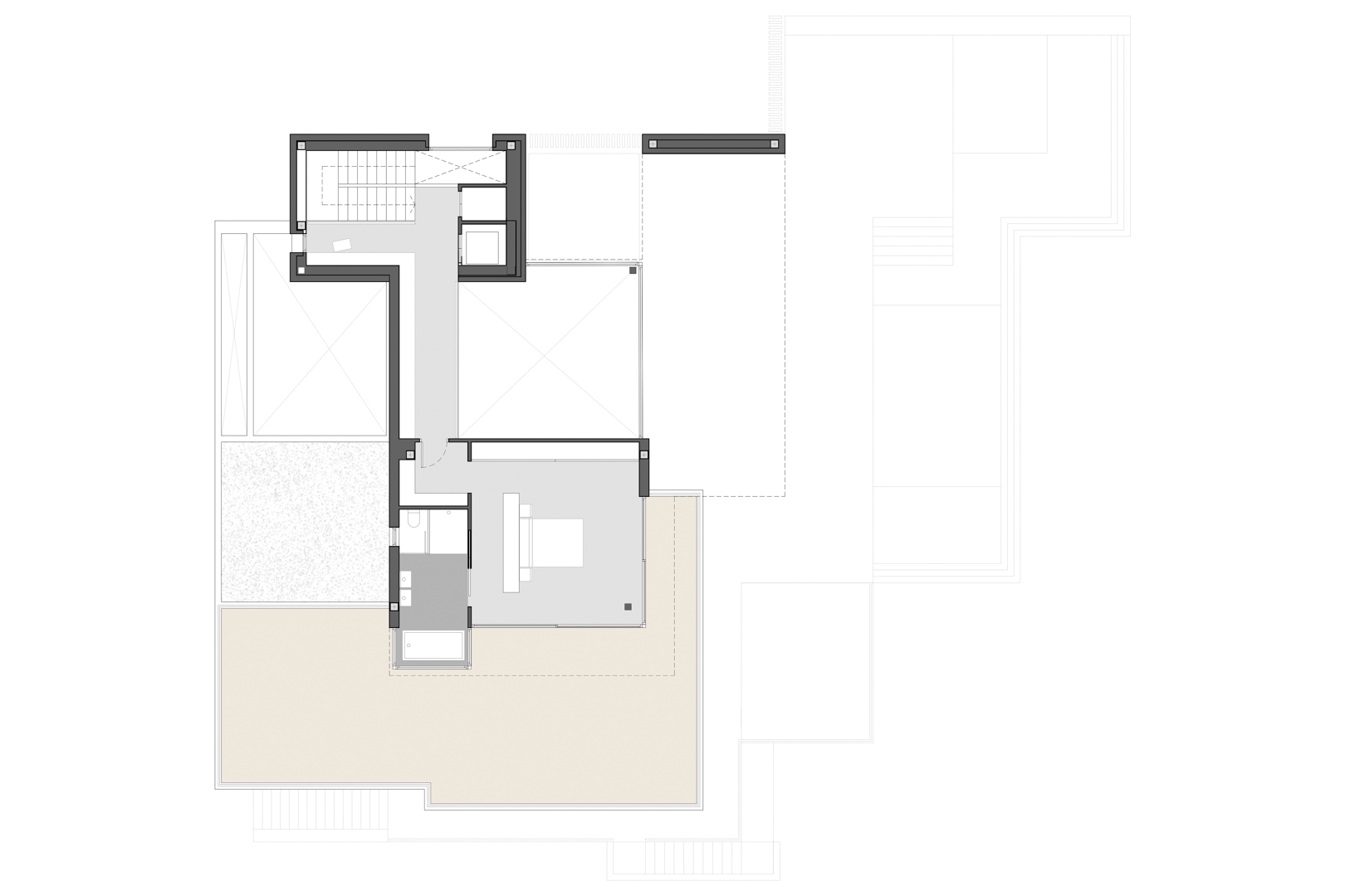 Plano técnico de la planta alta que detalla la suite principal con baño privado y una amplia terraza en L diseñada para maximizar las vistas panorámicas.