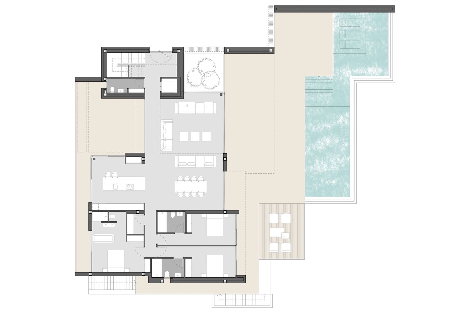Plano técnico de la planta baja que detalla el salón-comedor, cocina con isla, tres dormitorios y la zona exterior con terraza y piscina infinita.