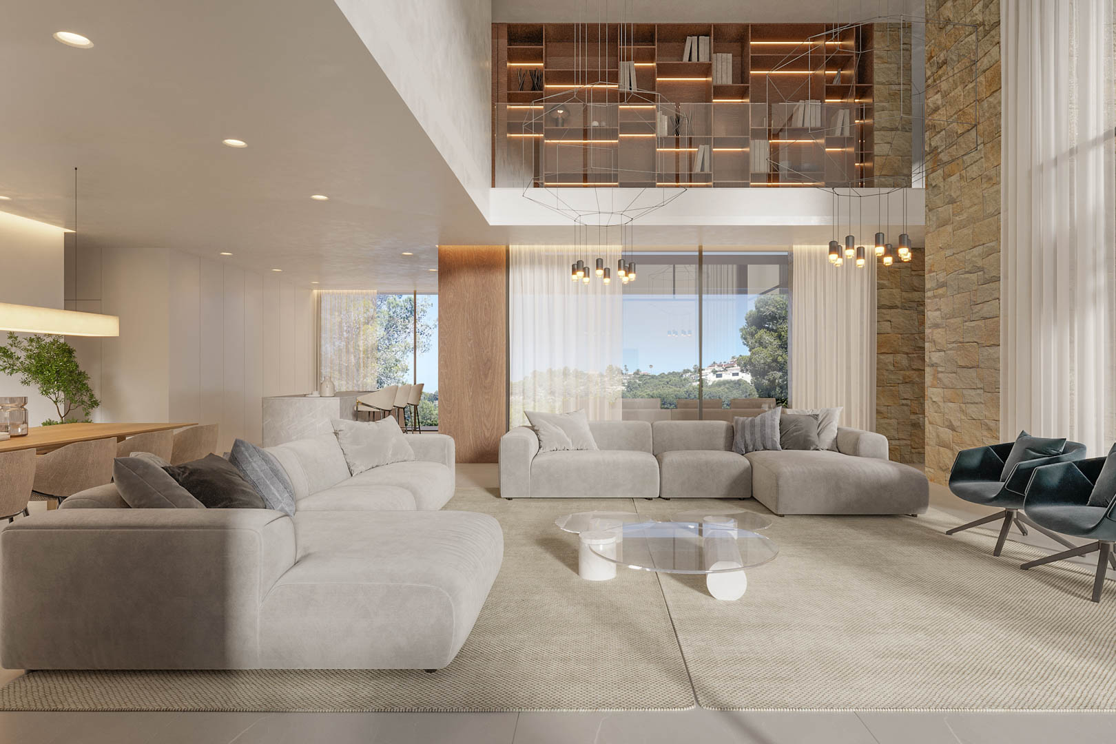 Salón de concepto abierto con techos de doble altura, pared de piedra natural y ventanales de suelo a techo. Incluye mobiliario contemporáneo y estantería integrada con iluminación LED.