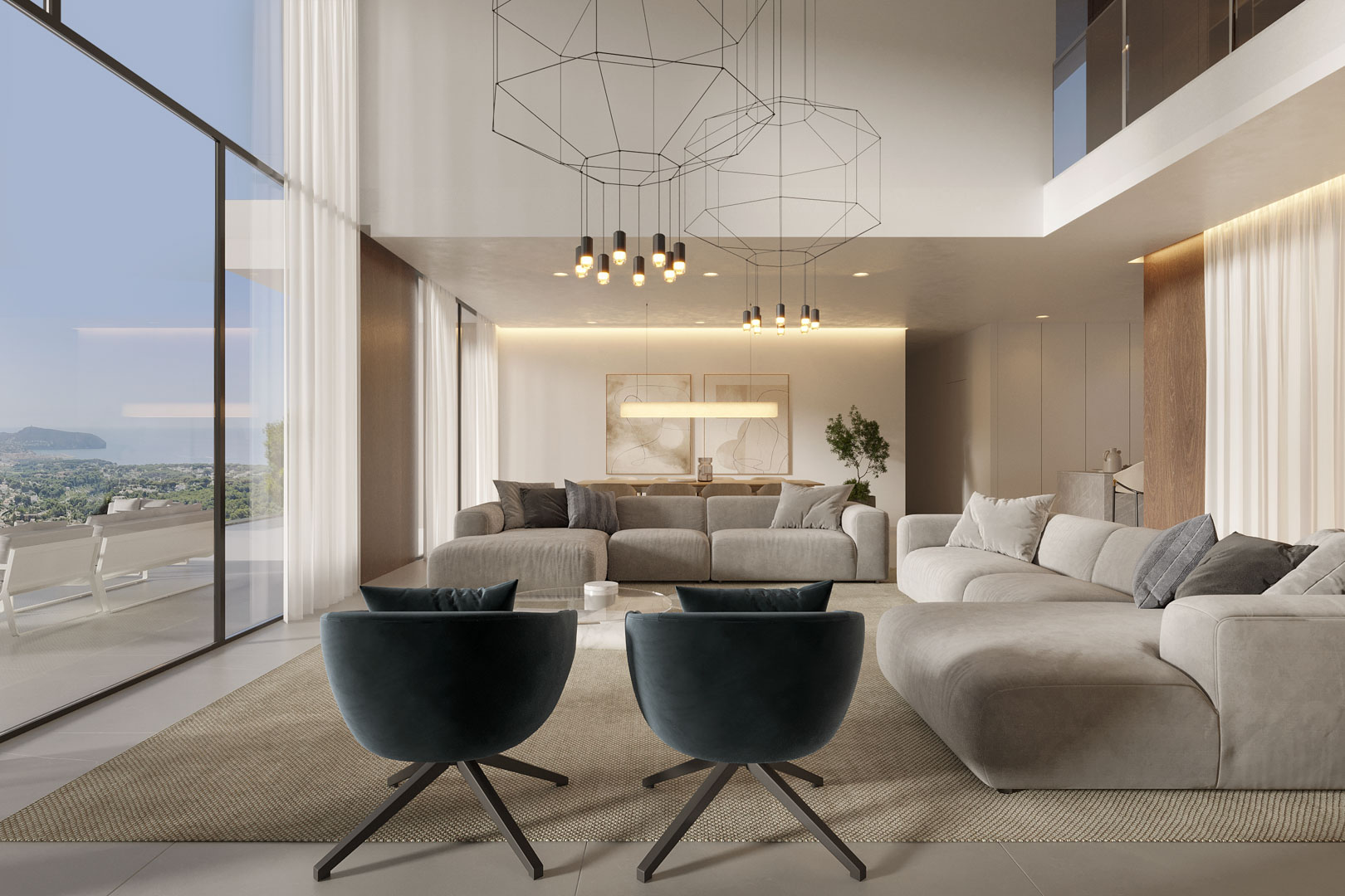 Salón de doble altura con ventanales panorámicos al mar, lámparas de diseño geométrico y mobiliario en tonos neutros con detalles en madera.