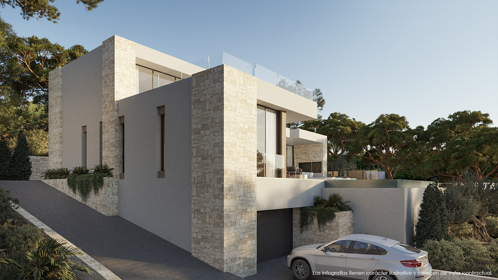 Fachada exterior de diseño moderno con muros de piedra natural, amplios ventanales y acceso al garaje privado integrado en el entorno mediterráneo.