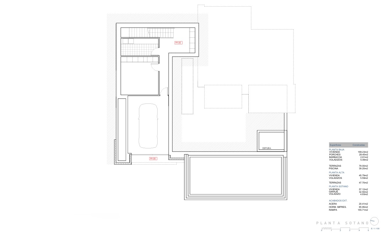 Plano técnico de la planta sótano que detalla el garaje privado, el cuarto técnico y la zona de lavadero, junto con el cuadro de superficies construidas.