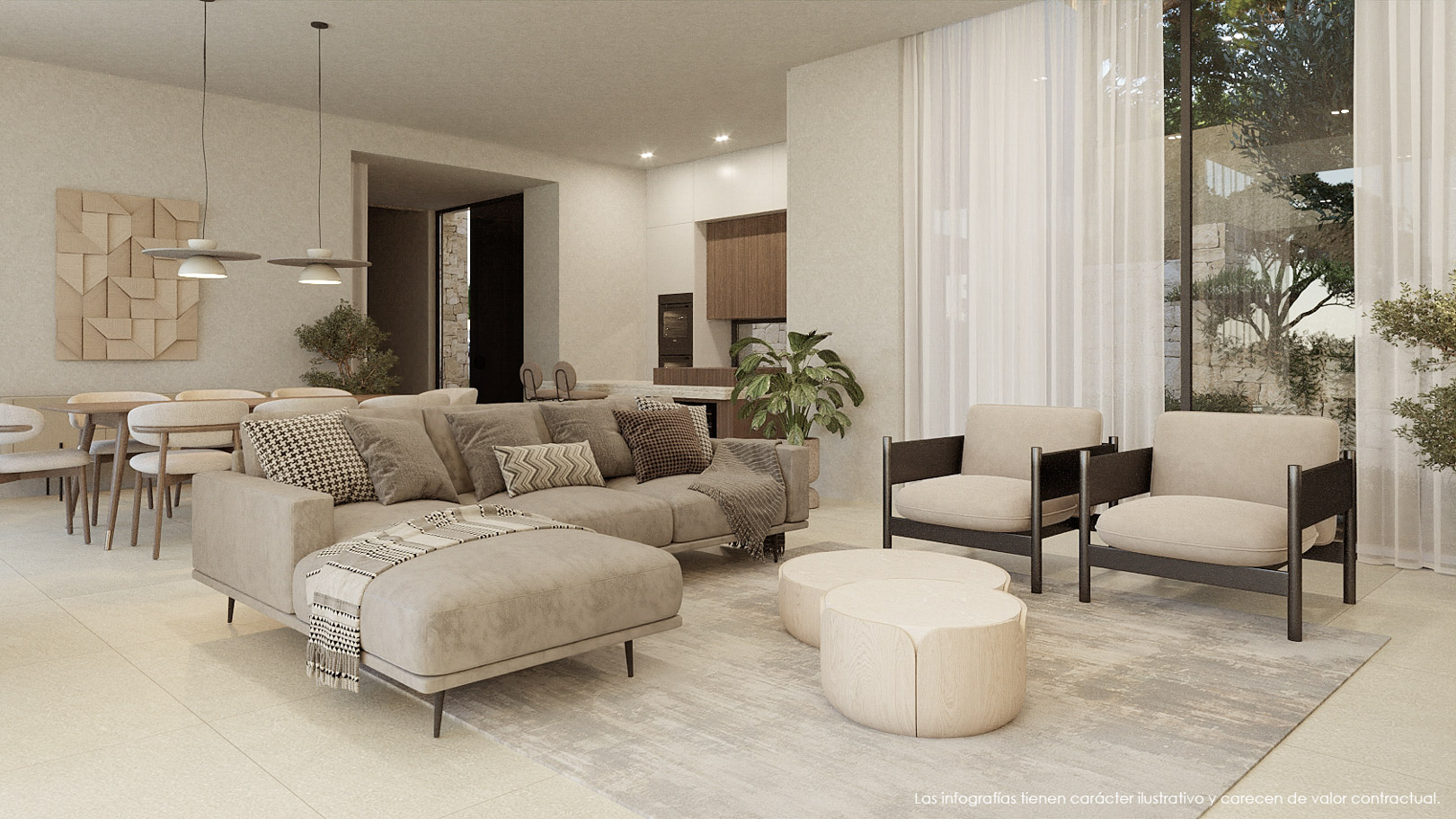 Salón de concepto abierto con mobiliario contemporáneo en tonos neutros, amplios ventanales con cortinas traslúcidas y suelos de gres porcelánico de gran formato.