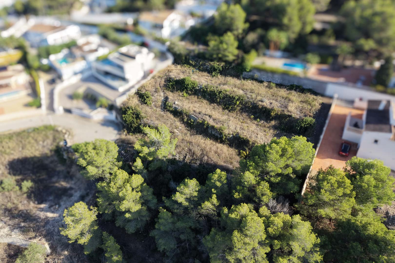 Vista aérea de la parcela urbana aterrazada en Moraira, con niveles definidos por muros de piedra y rodeada de pinos y villas residenciales.