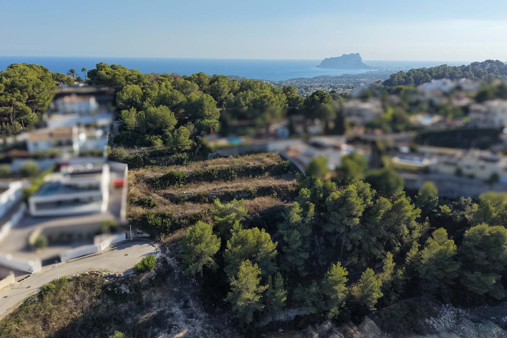 Parcela urbana abancalada con muros de piedra y pinos, con vistas panorámicas al mar y al Peñón de Ifach desde una posición elevada.