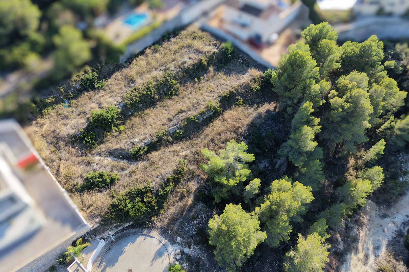 Vista aérea de la parcela urbana aterrazada en Moraira, mostrando su relieve natural, pinada autóctona y acceso mediante calle residencial sin salida.