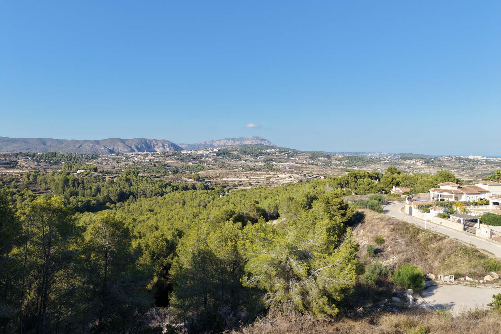 Vistas panorámicas despejadas hacia el valle y las montañas desde la parcela elevada, rodeada de pinos mediterráneos y vegetación autóctona.
