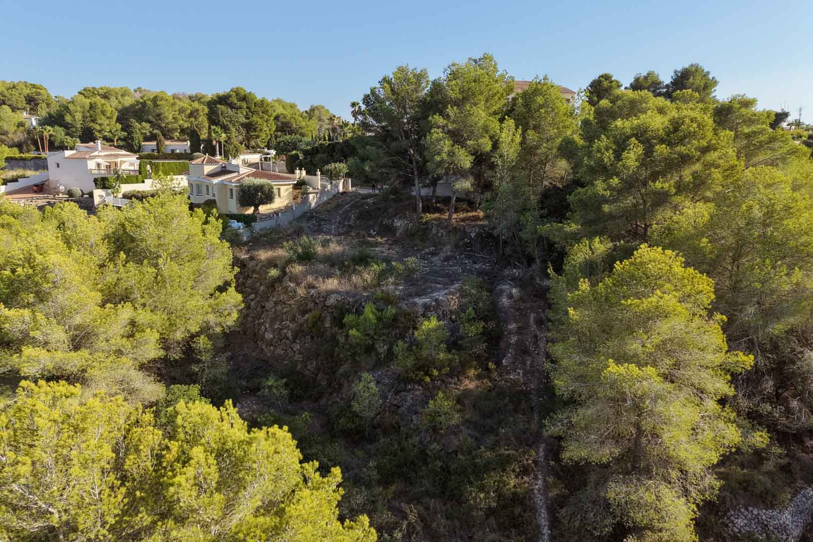 Parcela urbana elevada en Benimeit, rodeada de pinos maduros y vegetación mediterránea, con terreno natural aterrazado y vistas a las villas colindantes.