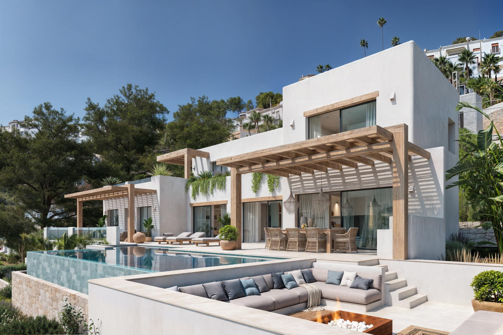 Exterior de villa estilo ibicenco con fachada blanca, pérgolas de madera, piscina infinita y zona de estar hundida con chimenea exterior frente al mar.
