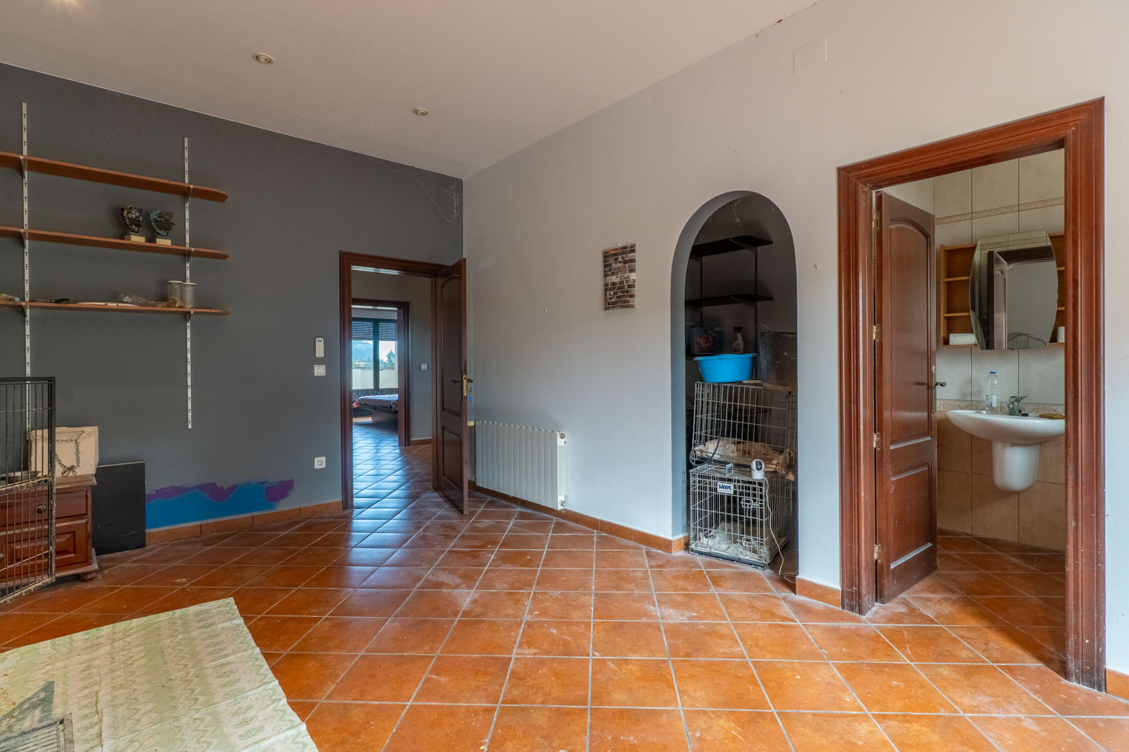 Distribuidor con suelo de terracota, paredes en tonos blanco y gris, acceso a un baño completo y una zona de almacenaje bajo arco, con carpintería de madera clásica.