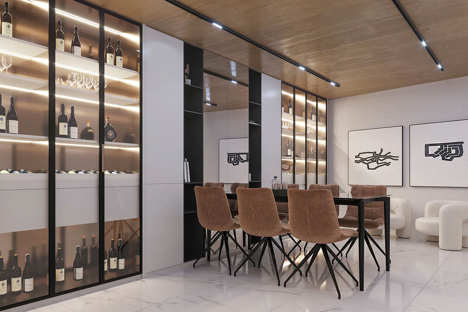 Bodega de diseño con vitrinas retroiluminadas, mesa de comedor minimalista y suelos de mármol. Techo panelado en madera con iluminación técnica integrada.