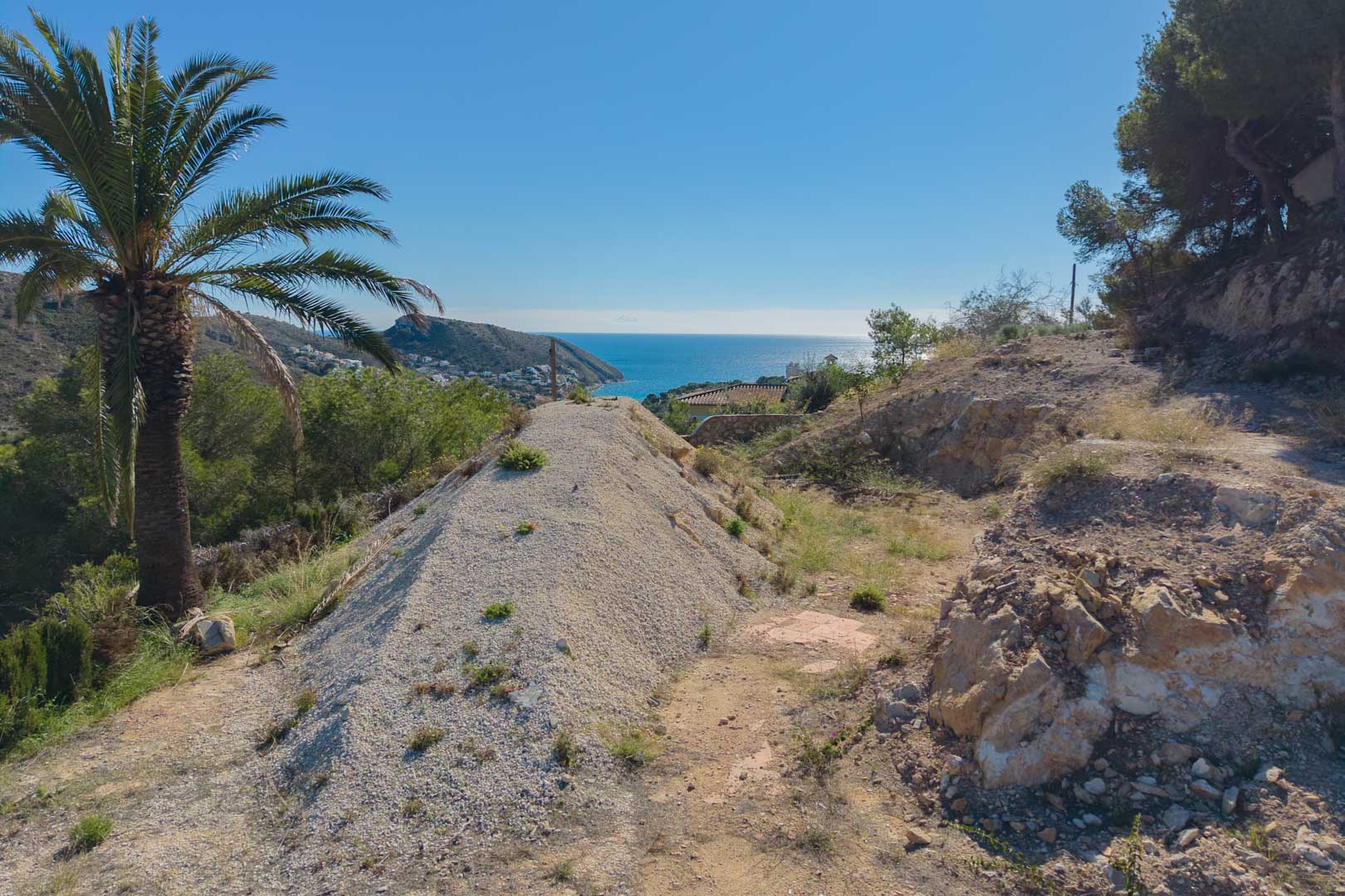 Terreno elevado en Moraira con vistas panorámicas al mar Mediterráneo, rodeado de vegetación autóctona y pinos, ideal para la integración de arquitectura de vanguardia.