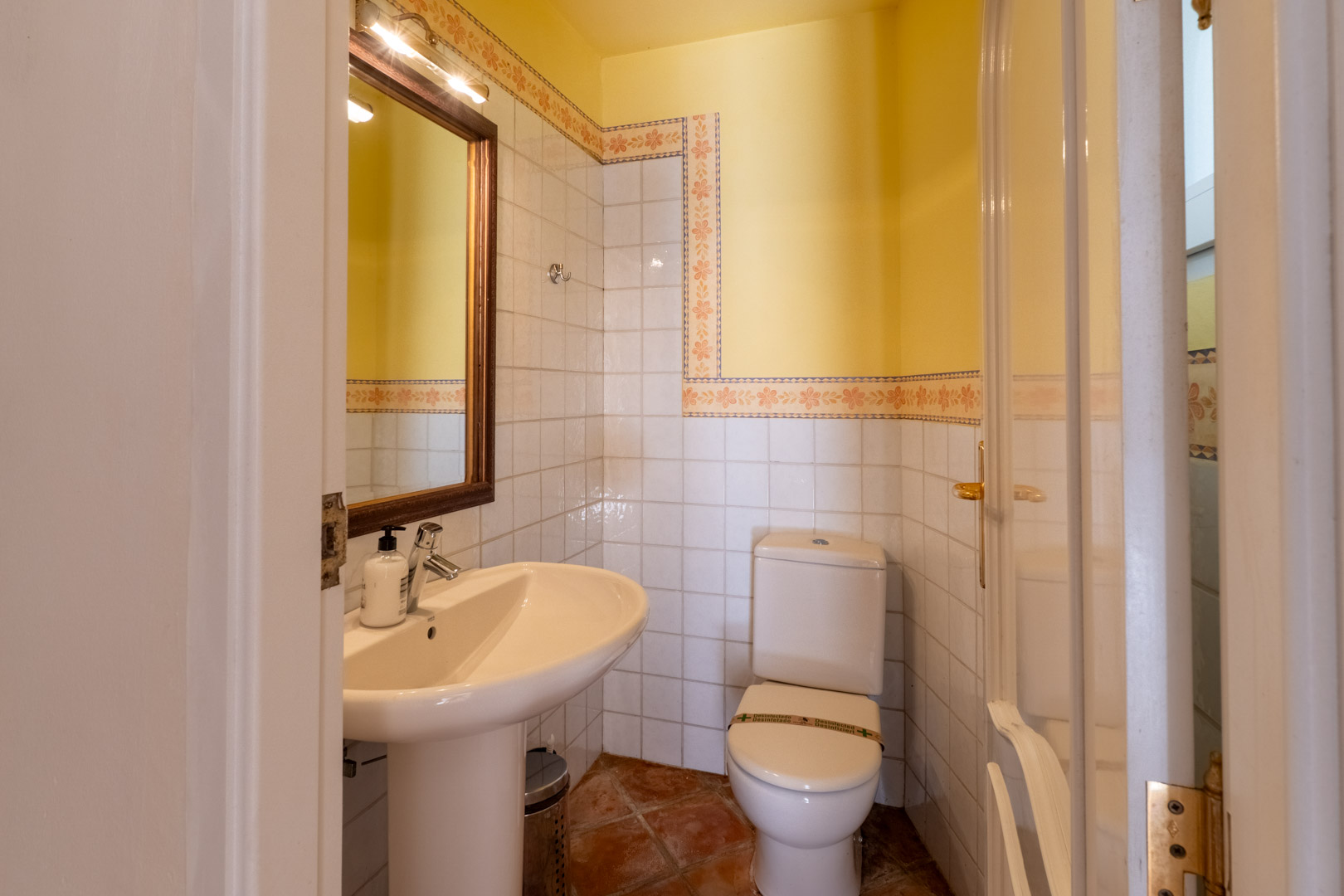 Aseo de invitados con suelos de barro cocido, paredes alicatadas con cenefa floral y lavabo de pedestal bajo un espejo con marco de madera e iluminación.