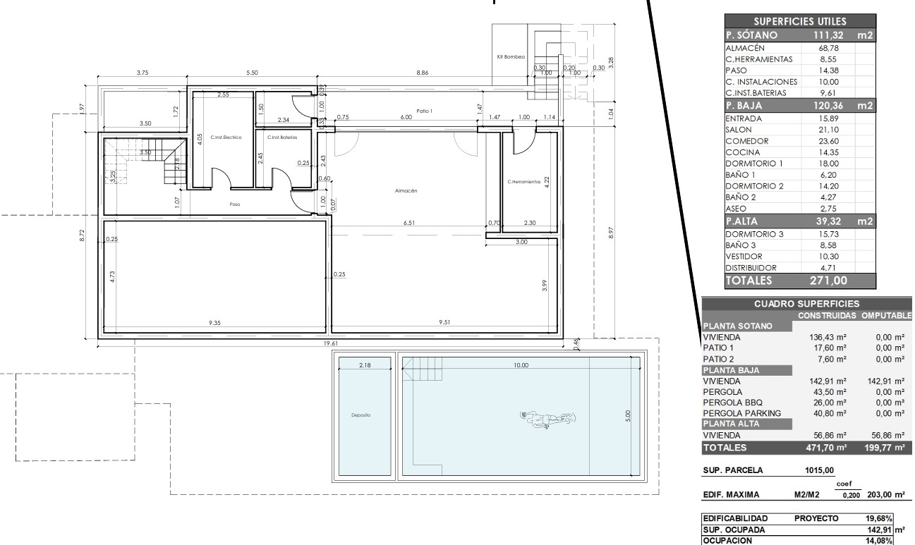Plano técnico detallado del nivel sótano y zona de piscina, con tablas descriptivas de las superficies útiles y construidas totales de la propiedad.