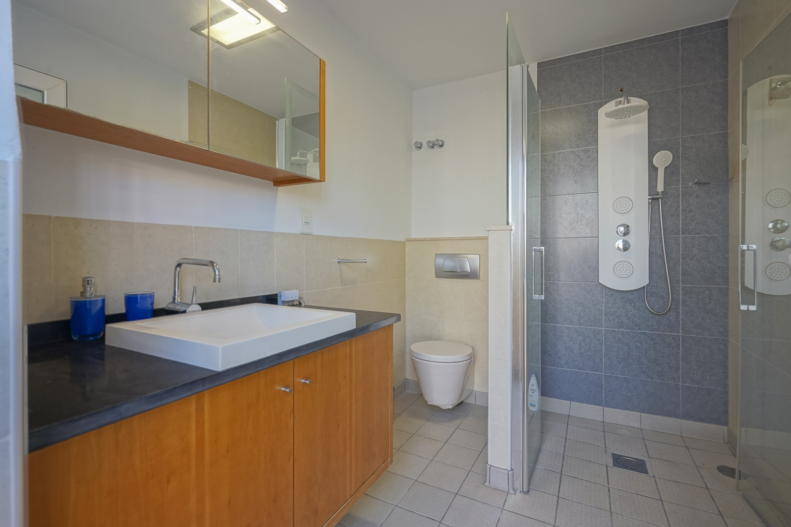 Baño funcional con mueble de madera, encimera oscura y lavabo sobre encimera. Incluye ducha con mampara de cristal, columna de hidromasaje y revestimiento en tonos grises y crema.