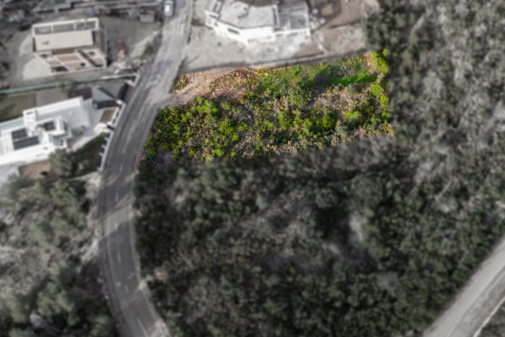 Vista aérea cenital de la parcela resaltada, mostrando su forma rectangular y vegetación natural junto a una carretera asfaltada en la urbanización Monte Olímpico.