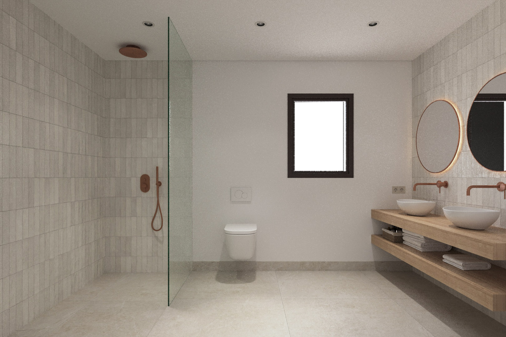 Cuarto de baño de estilo ibicenco con ducha de obra, grifería de cobre, lavabo doble sobre estantes de madera y espejos circulares con retroiluminación.