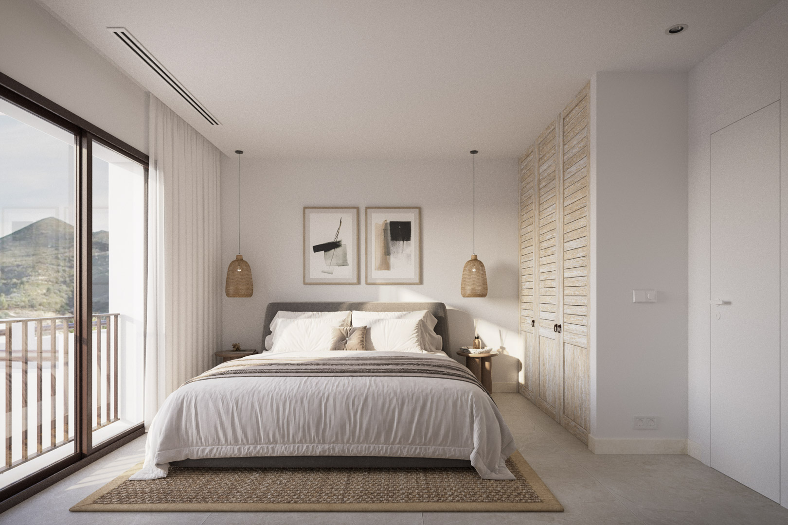 Dormitorio principal con armarios empotrados de madera clara, iluminación colgante de mimbre y acceso directo a una terraza con vistas a las montañas del valle.