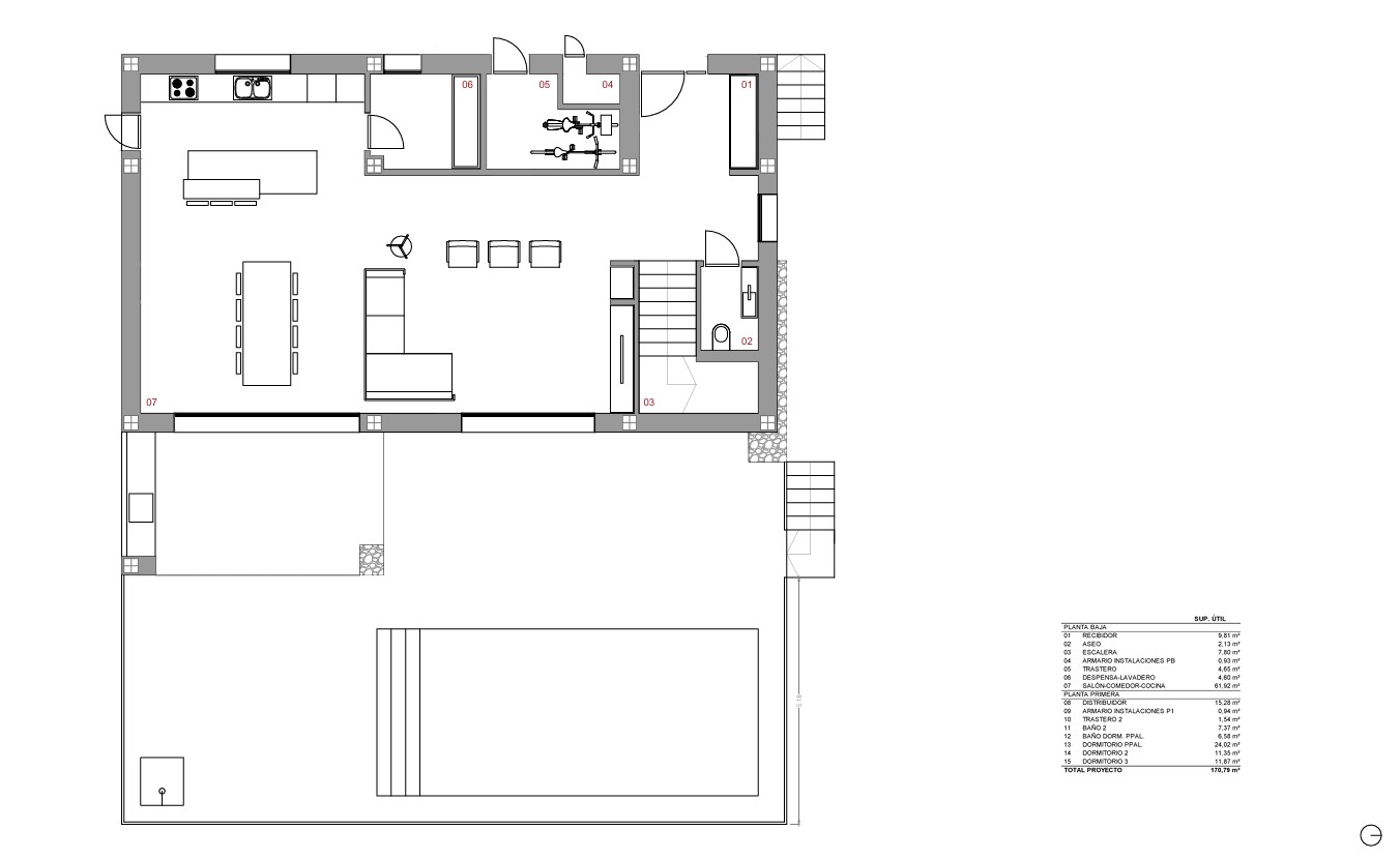 Plano detallado de la planta baja que muestra un amplio salón-comedor con cocina abierta, isla central, despensa, aseo de invitados y acceso directo a la terraza con piscina.