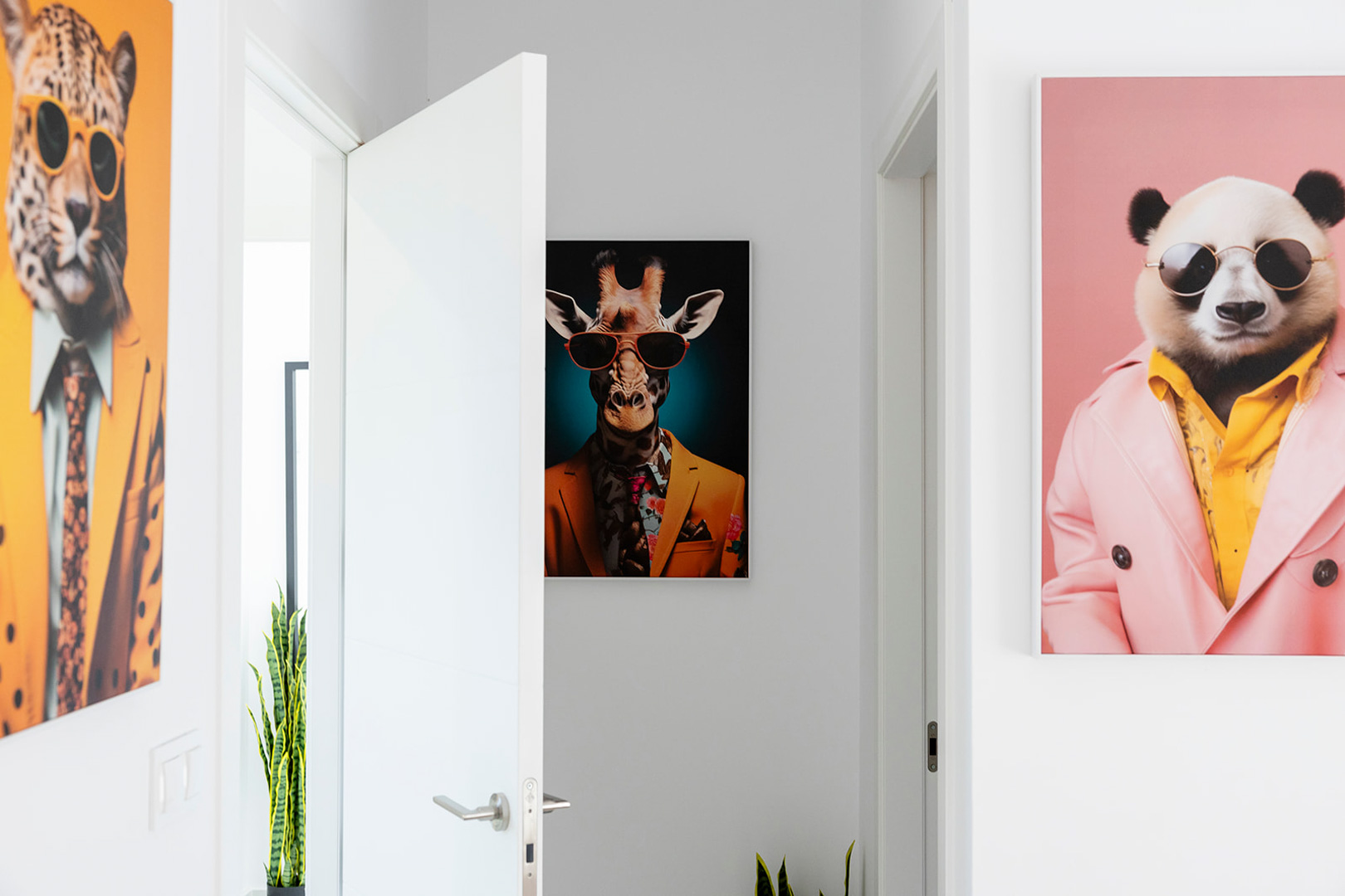 Pasillo interior de diseño minimalista con paredes blancas, puertas lisas y una serie de cuadros de arte pop con retratos de animales.
