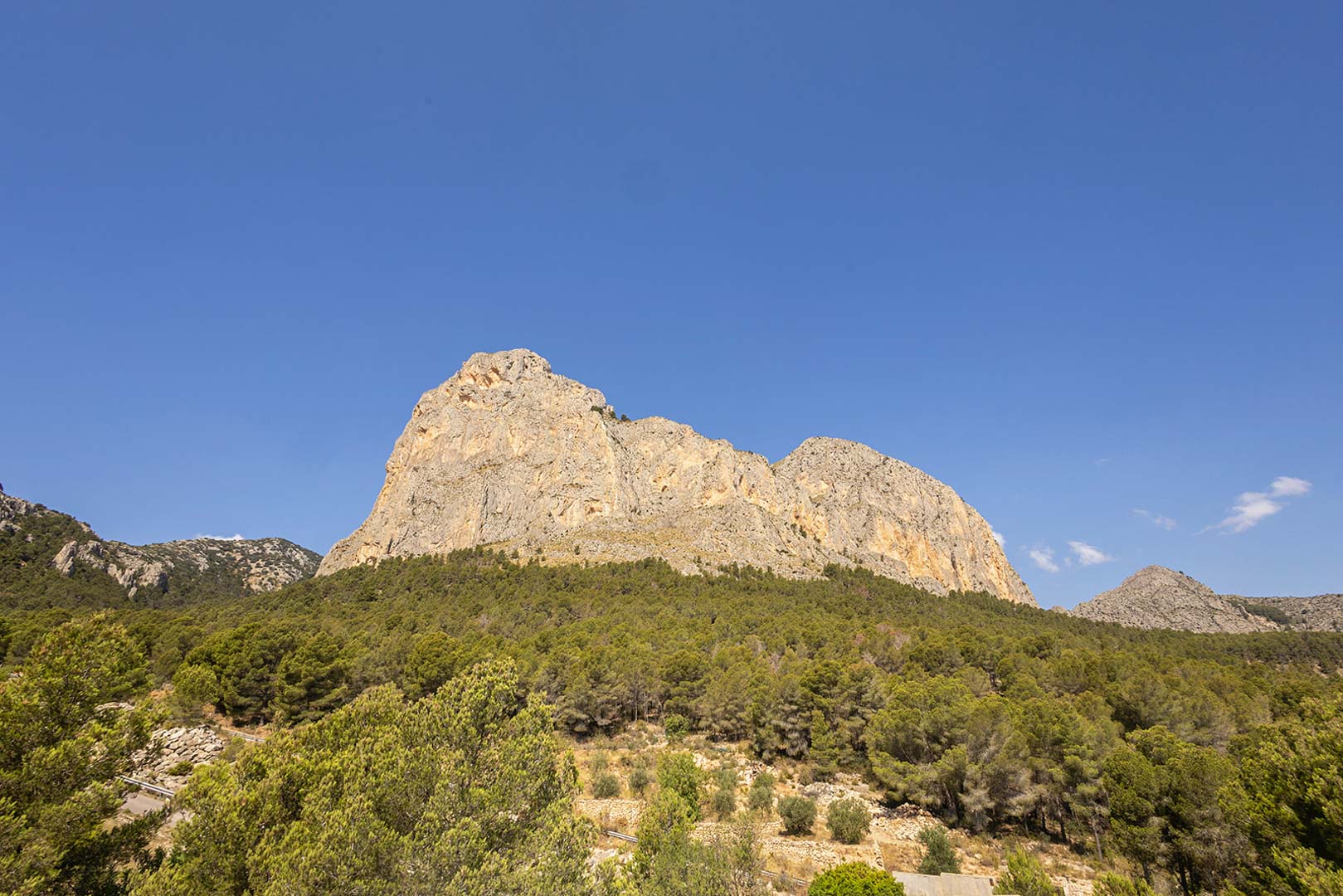 Vistas despejadas a la formación montañosa de piedra caliza y al denso bosque de pinos que rodea la propiedad bajo un cielo azul despejado.