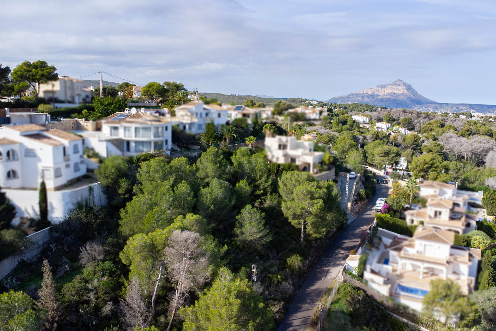 Vista aérea de la parcela inclinada con densa vegetación de pinos, rodeada de villas blancas y con vistas despejadas hacia el monte Montgó al fondo.