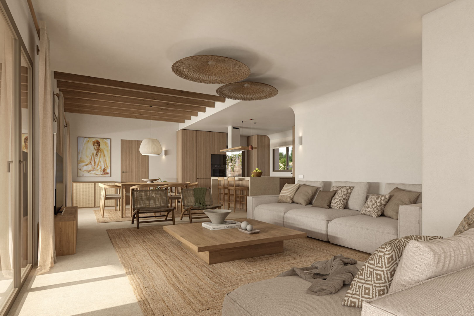 Salón-comedor de concepto abierto con vigas de madera vistas, mobiliario en tonos neutros, alfombras de fibras naturales y cocina integrada con isla central de madera.