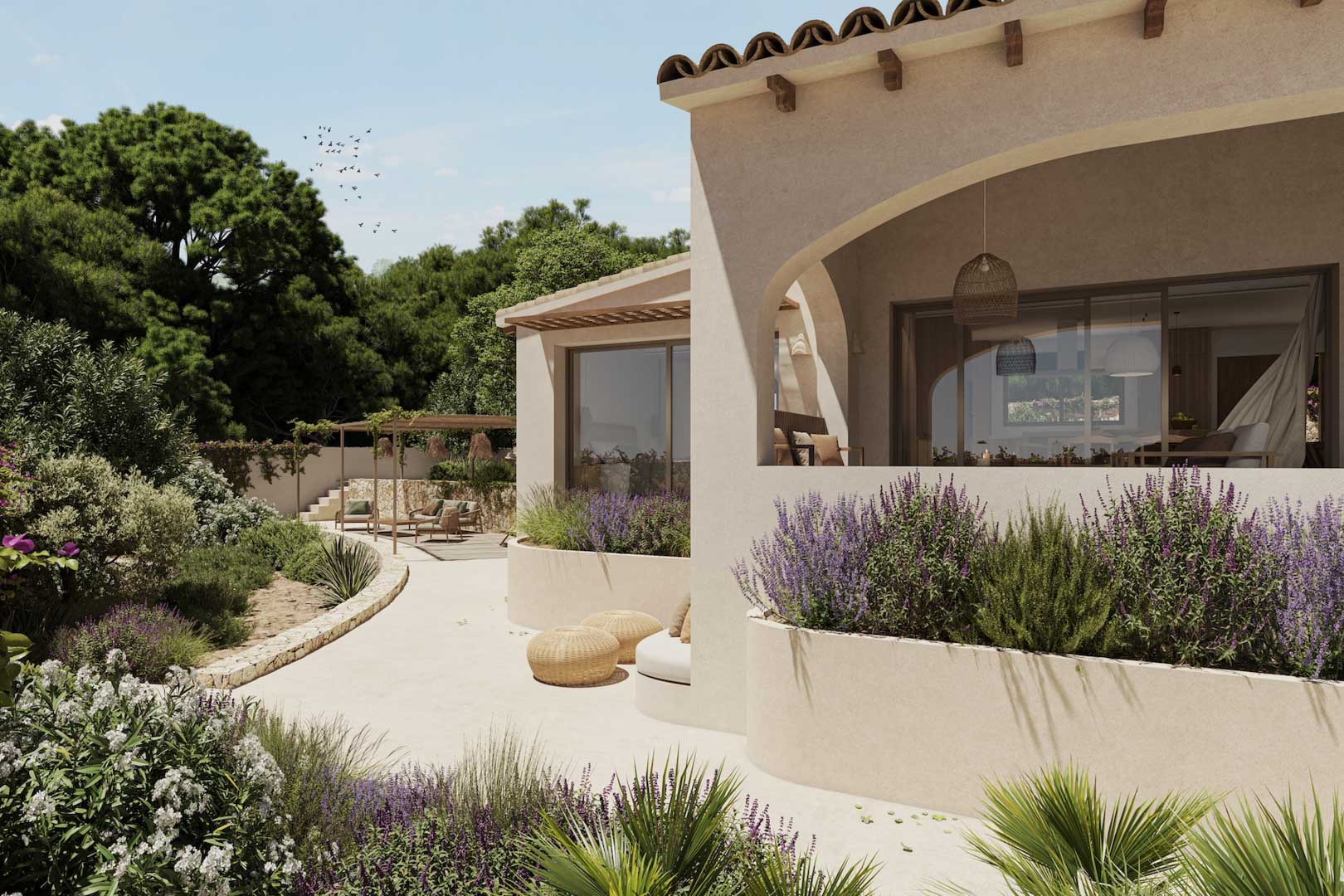 Vista exterior del porche arqueado con vigas de madera, jardineras integradas con lavanda y un camino curvo que conecta con la zona de pérgola y jardín.