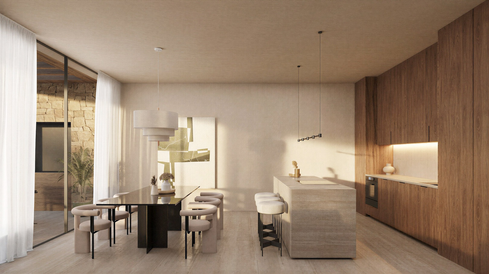 Cocina moderna de planta abierta con armarios de madera, isla de piedra y comedor con mesa negra y sillas esculturales. La luz natural resalta las texturas de piedra y madera.