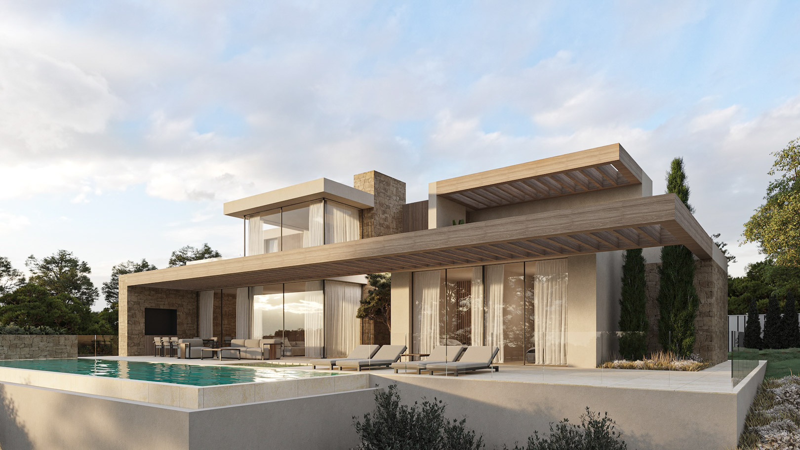 Exterior de villa moderna con piscina infinita, muros de piedra natural y pérgolas de madera sobre una terraza con ventanales de suelo a techo.