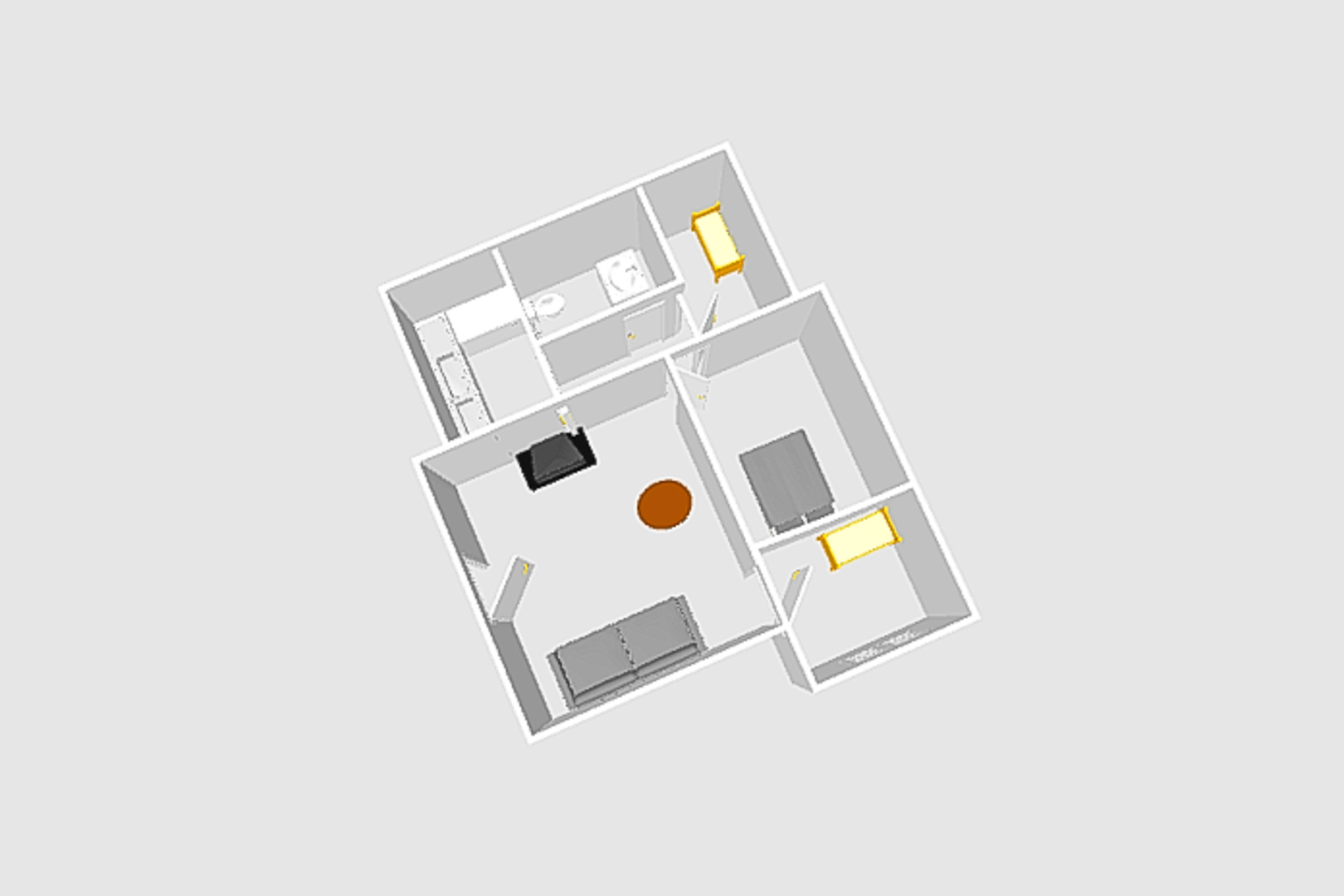 Plano 3D detallado que muestra la distribución funcional de la villa en una planta, incluyendo el salón con chimenea, cocina independiente y tres dormitorios.