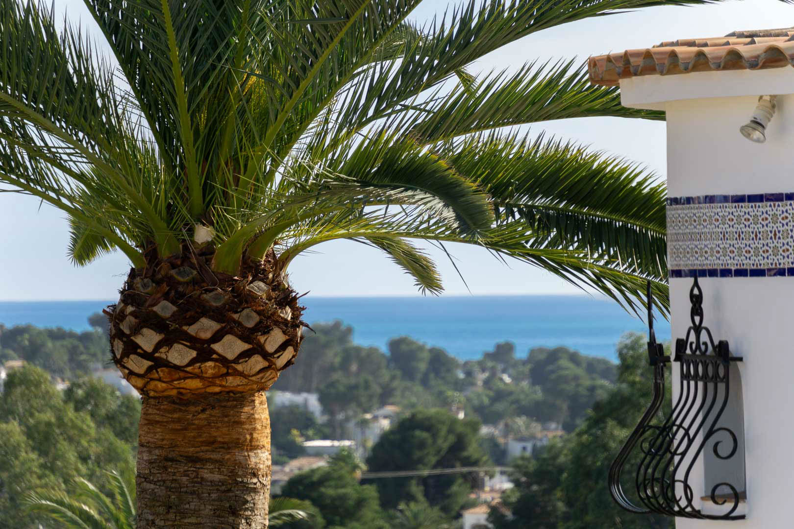 Vista al mar Mediterráneo desde la propiedad, enmarcada por una palmera y detalles arquitectónicos tradicionales como azulejos y forja.