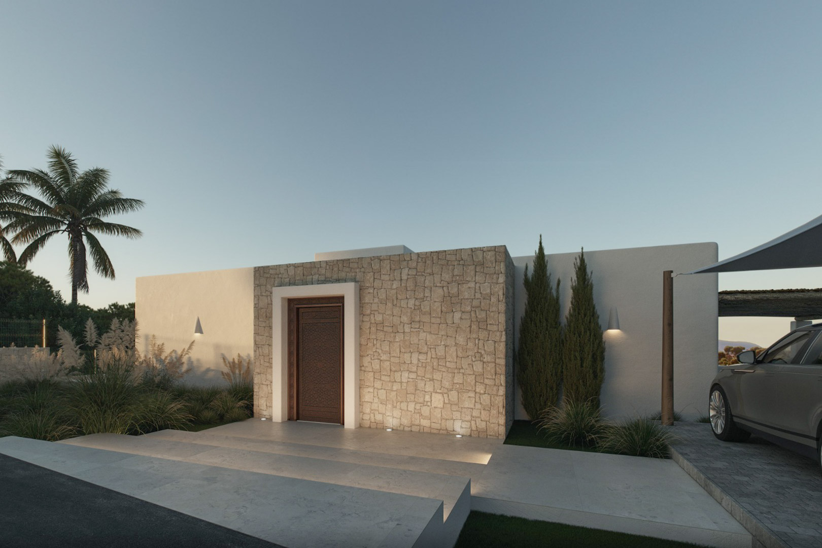 Fachada moderna con puerta de madera tallada y revestimiento de piedra natural. Iluminación exterior sutil y paisajismo minimalista.