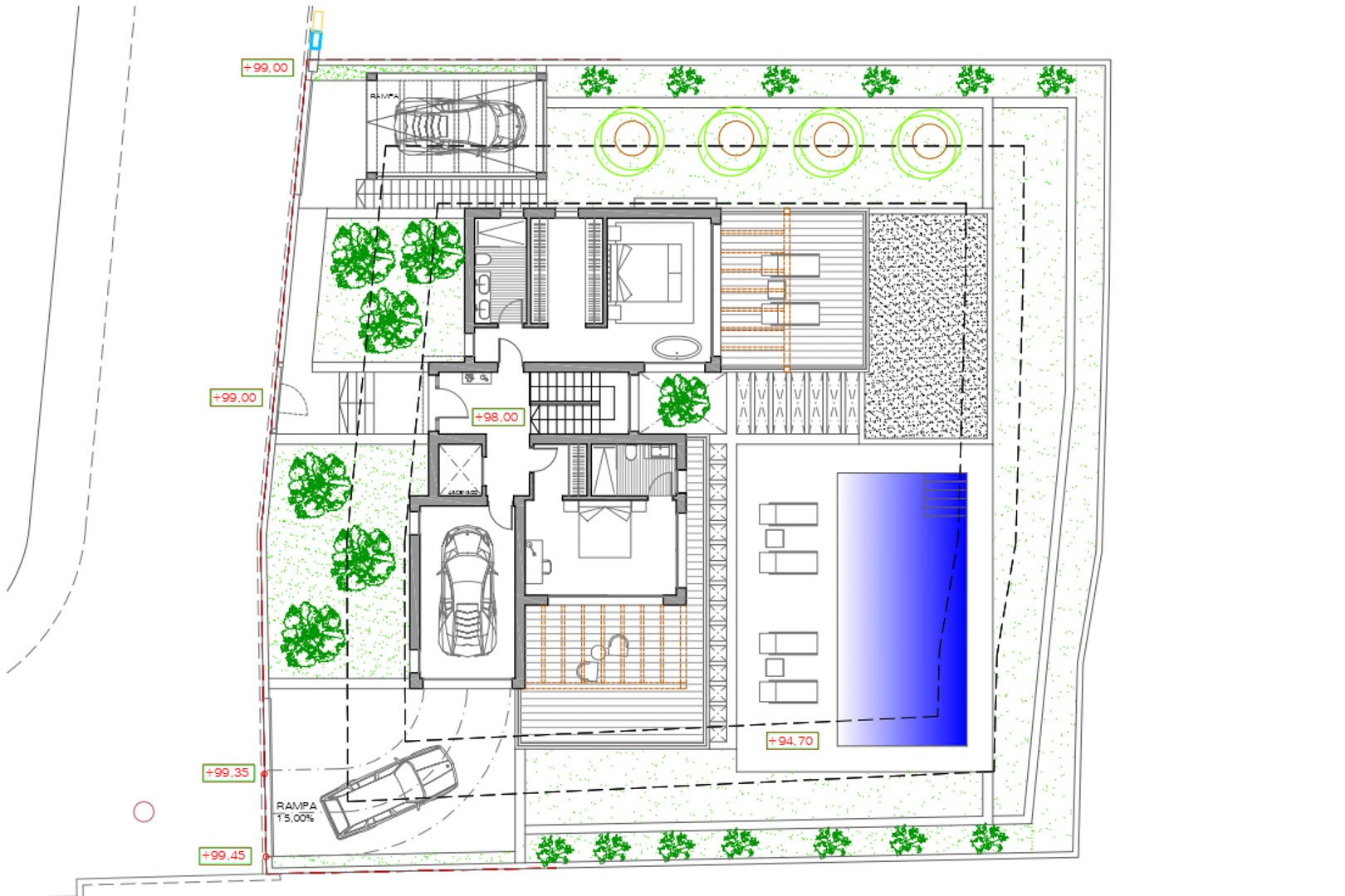 Plano arquitectónico de una villa con piscina, jardines, garaje y terrazas.