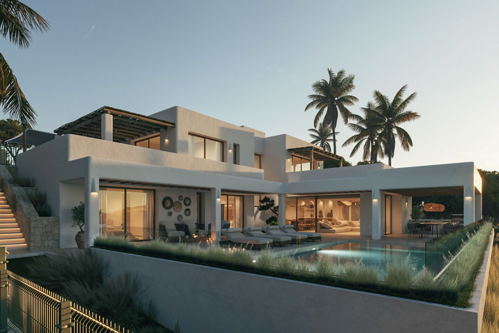 Vista exterior de la villa con piscina, terrazas y diseño arquitectónico moderno bajo el cielo crepuscular.