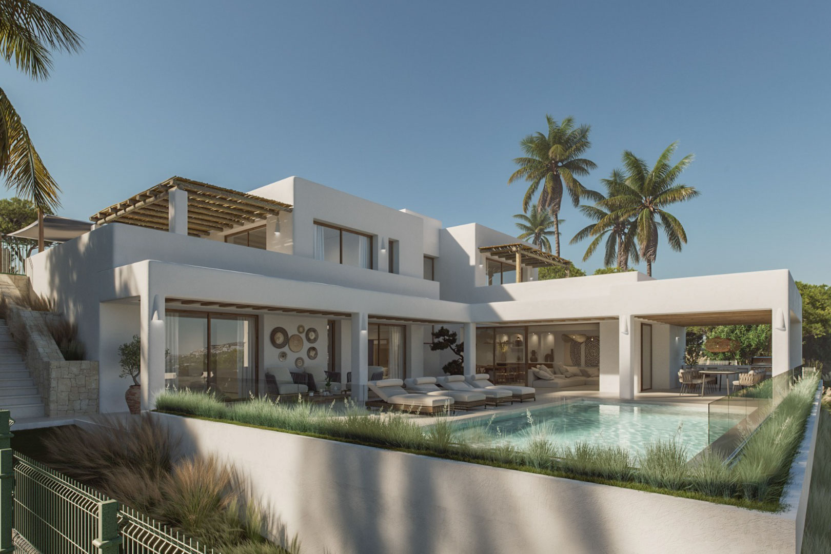 Vista exterior de la villa con piscina, terrazas y jardines. Diseño moderno y elegante con toques mediterráneos.