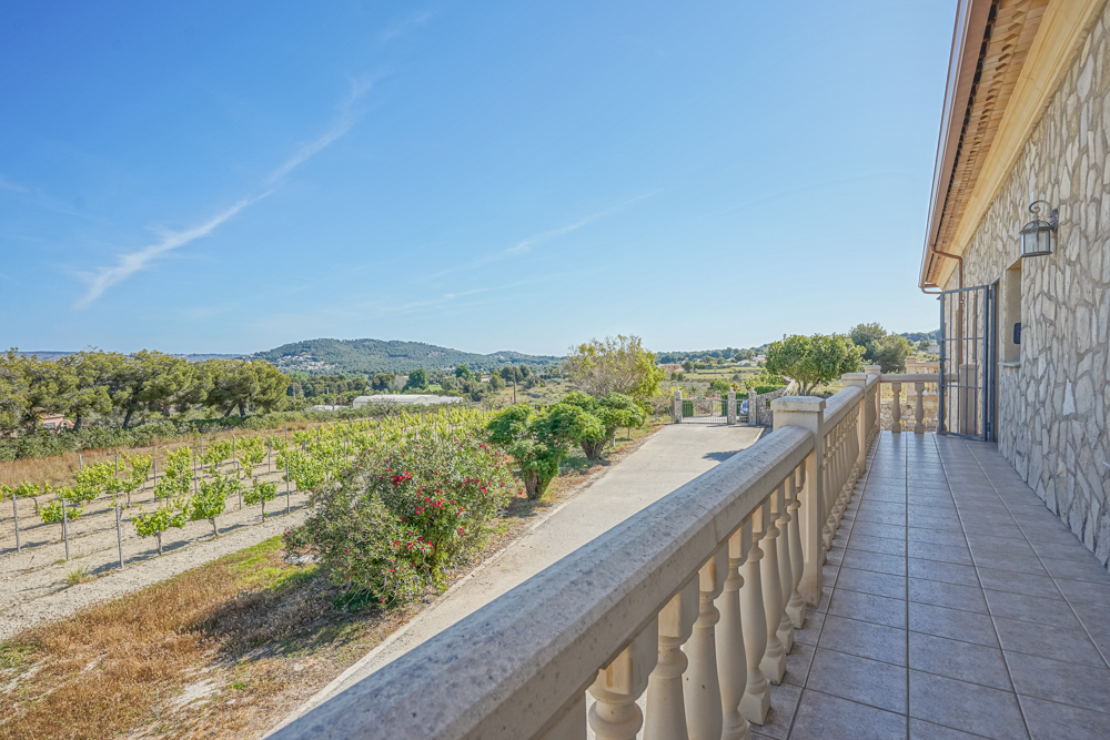 Terraza elevada con balaustrada de piedra y vistas despejadas a los viñedos y colinas. La fachada presenta un acabado de mampostería en piedra natural.