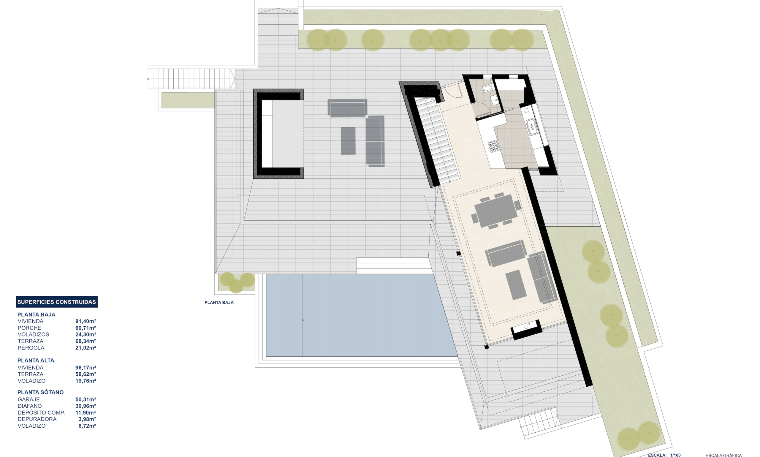 Plano detallado de la planta baja que muestra la distribución del salón-comedor, cocina, amplia terraza con piscina y zonas ajardinadas perimetrales.