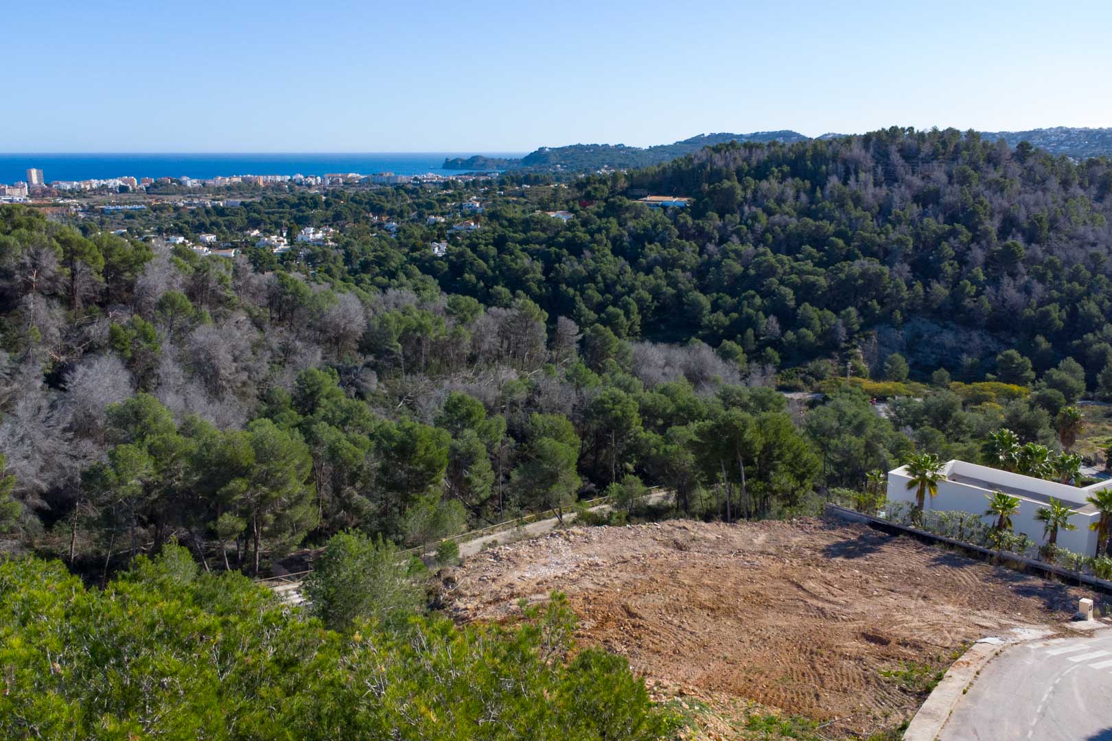 Parcela elevada en Tosalet 5 con vistas panorámicas al mar Mediterráneo y al litoral de Jávea, rodeada de un entorno natural de pinos.