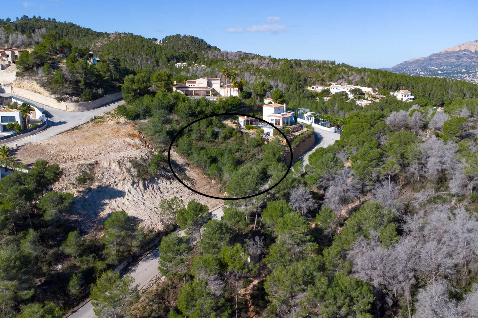 Vista aérea de una parcela edificable con pendiente y vegetación autóctona en la urbanización Tosalet 5, rodeada de pinos y villas de lujo.