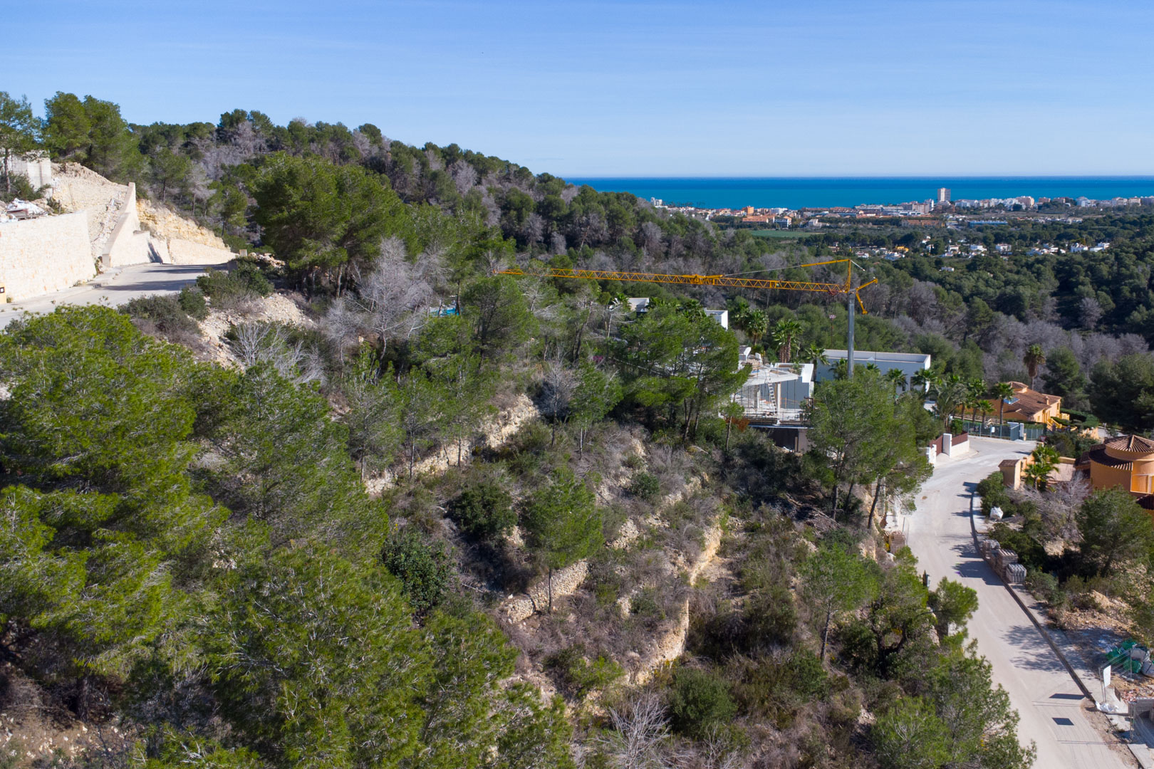 Vista elevada de una parcela en pendiente con pinos mediterráneos, muros de piedra y vistas panorámicas al mar y al núcleo urbano de Jávea.