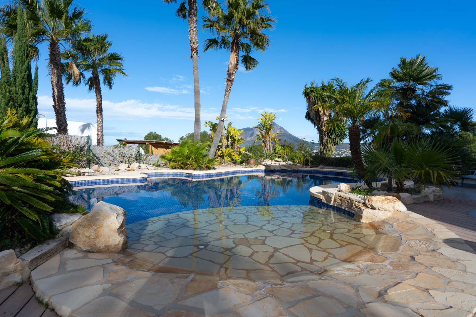 Piscina de diseño orgánico con entrada tipo playa en piedra natural, rodeada de vegetación tropical y palmeras con vistas directas al macizo del Montgó.