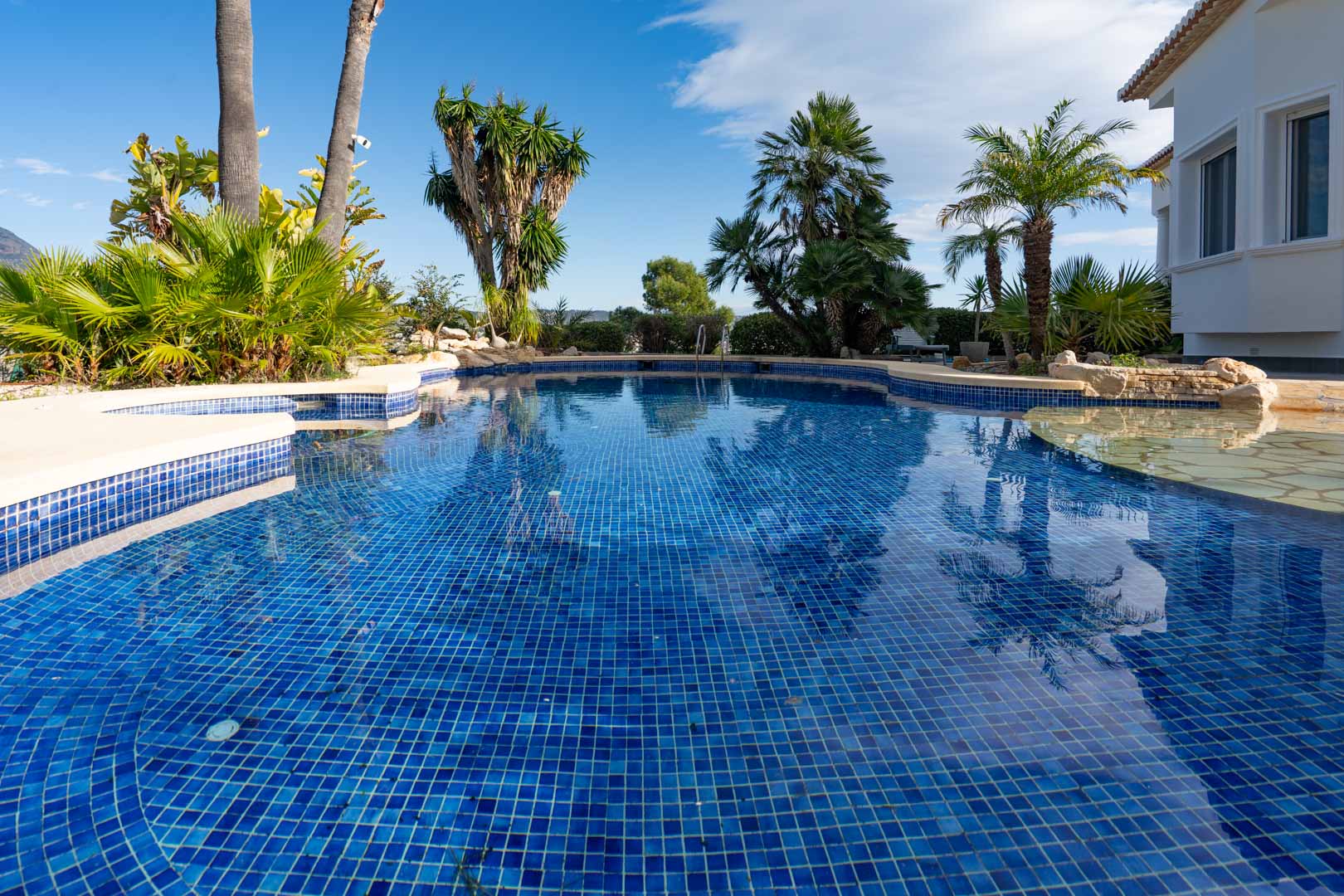 Piscina de gresite azul con diseño irregular, rodeada de un jardín tropical con palmeras y vegetación mediterránea junto a la villa.