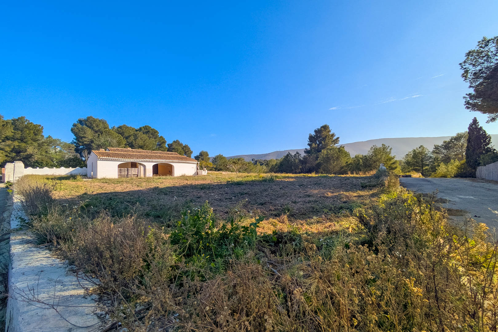 Vista exterior de la finca tradicional con fachada blanca y arcos, situada en una amplia parcela rústica rodeada de pinos y vistas a las montañas bajo un cielo despejado.