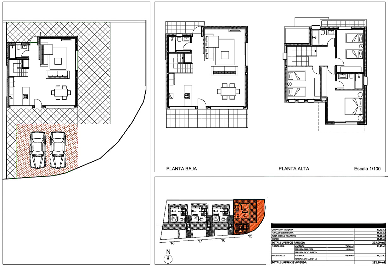 Planos arquitectónicos detallados que muestran la distribución de dos plantas, zona de aparcamiento doble y una superficie total construida de 152,90 m².