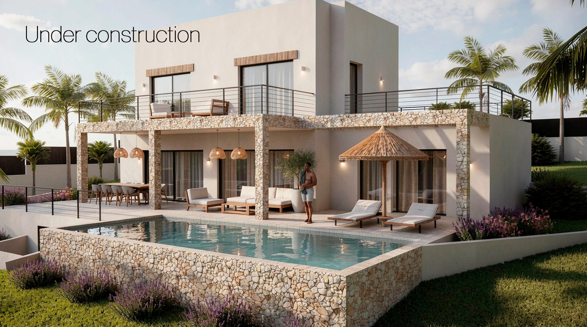 Vista exterior de la villa moderna con piscina privada integrada en muros de piedra natural, amplias terrazas cubiertas y fachada blanca contemporánea.