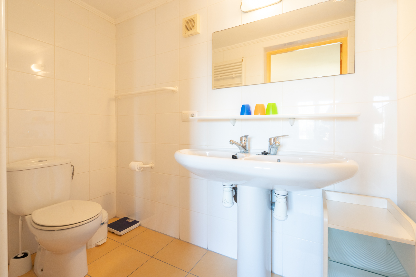Baño funcional con lavabo de doble seno, paredes alicatadas en blanco y suelos de gres. Incluye sanitario, espejo de gran formato y estantería integrada.