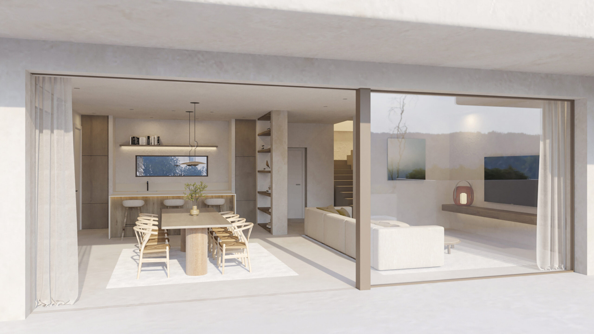 Amplio salón-comedor de diseño abierto con mesa de madera y barra de desayuno, conectado a la terraza mediante grandes puertas correderas de cristal. Amplio salón-comedor de diseño abierto con mesa de madera y barra de desayuno, conectado a la terraza mediante grandes puertas correderas de cristal.