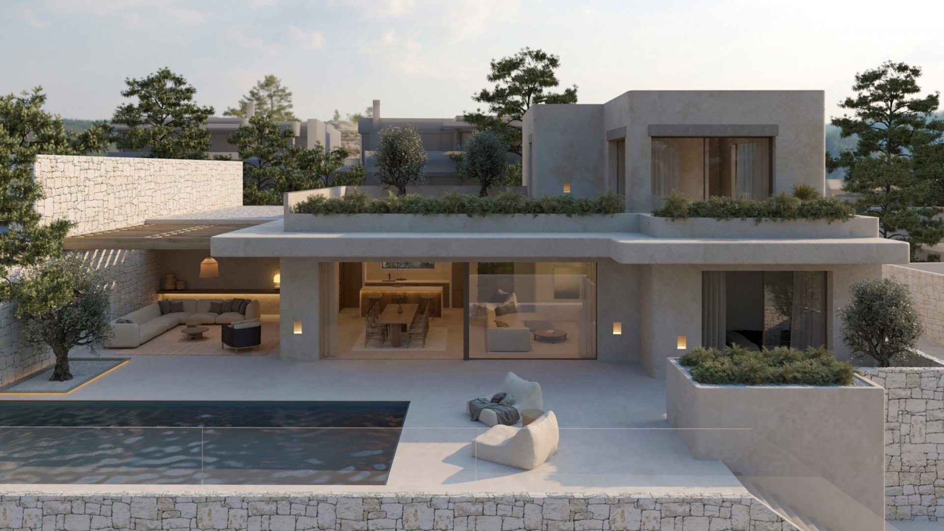 Exterior de villa moderna con piscina privada, amplia terraza y zona de estar exterior cubierta. Grandes puertas de cristal integran los espacios interiores con el sereno entorno al aire libre. Exterior de villa moderna con piscina privada, amplia terraza y zona de estar exterior cubierta. Grandes puertas de cristal integran los espacios interiores con el sereno entorno al aire libre.