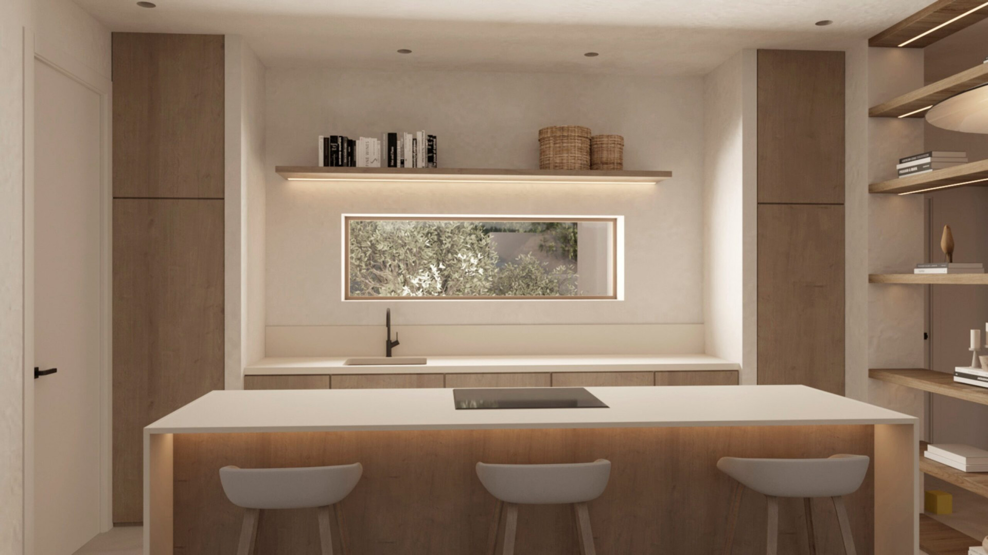 Isla de cocina moderna con placa integrada, encimera blanca y tres taburetes. Presenta armarios de madera, ventana rectangular con vistas al jardín y estanterías iluminadas. Isla de cocina moderna con placa integrada, encimera blanca y tres taburetes. Presenta armarios de madera, ventana rectangular con vistas al jardín y estanterías iluminadas.